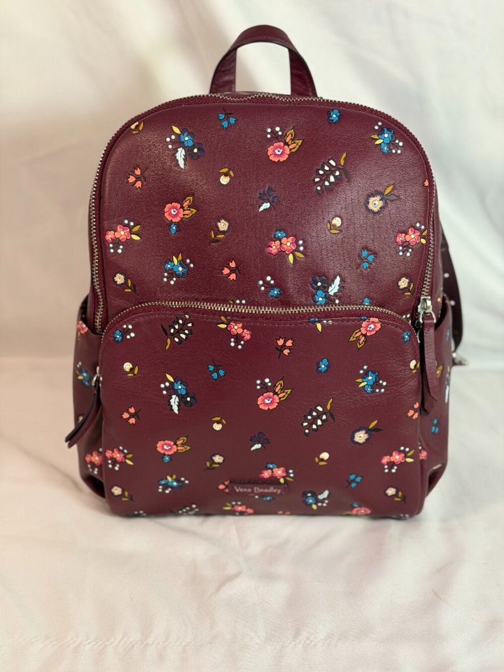 Vera Bradley Leather Mini Backpack Floral Print Burgundy Travel Bag